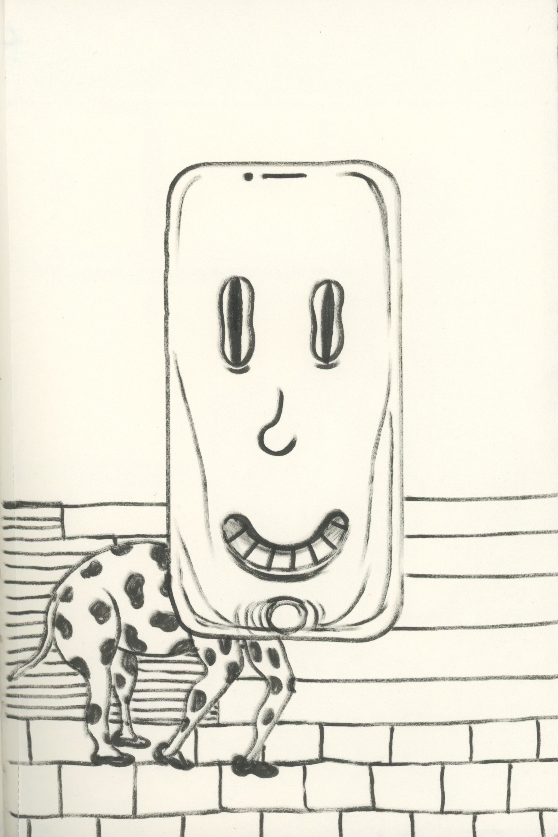 A whimsical sketch of a dalmatian with a smartphone for a head